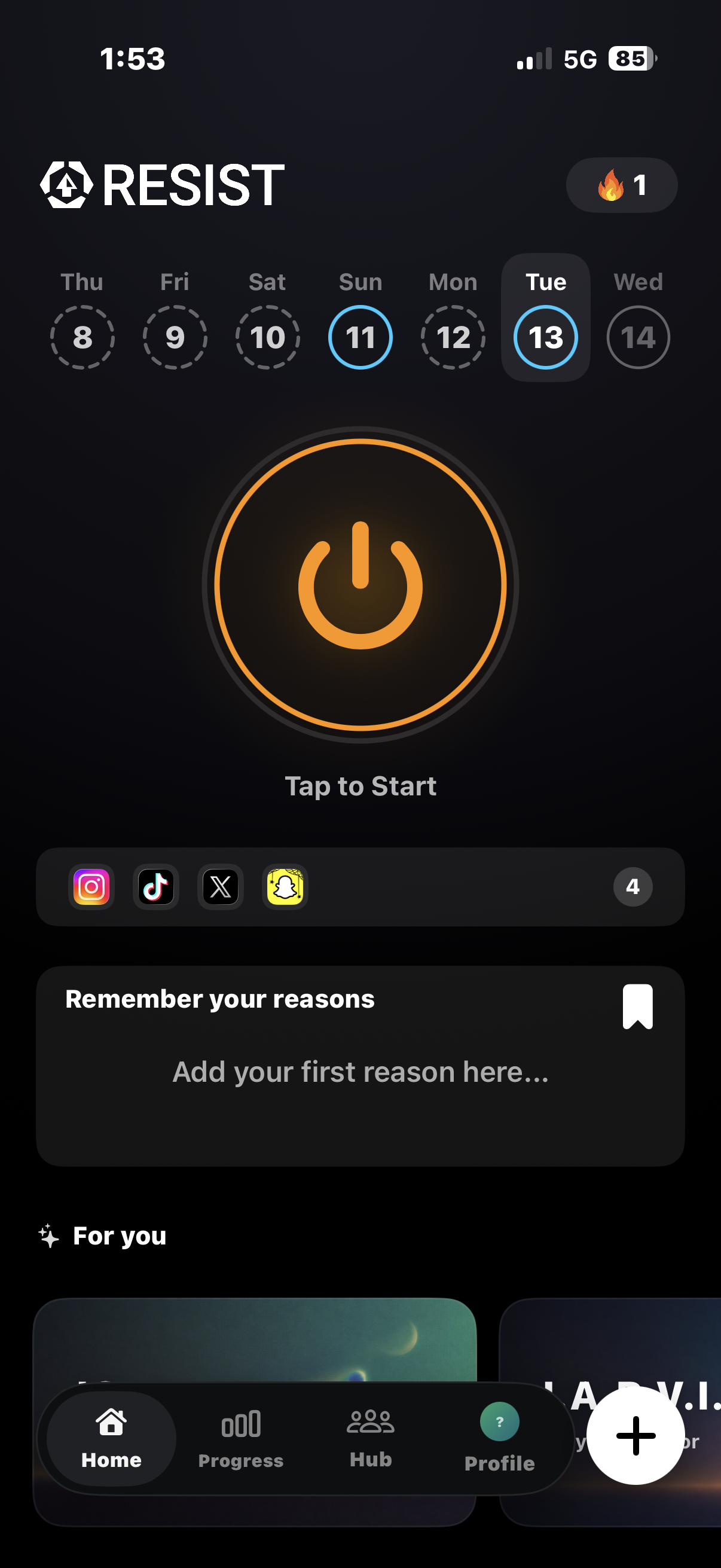 Resist app home screen with a weekly calendar, an orange focus-session start button, selected distracting apps, a reminder of your reasons, and progress navigation.